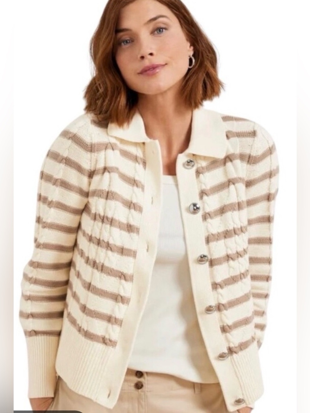Talbots CABLE KNIT COLLARED CARDIGAN - STRIPE